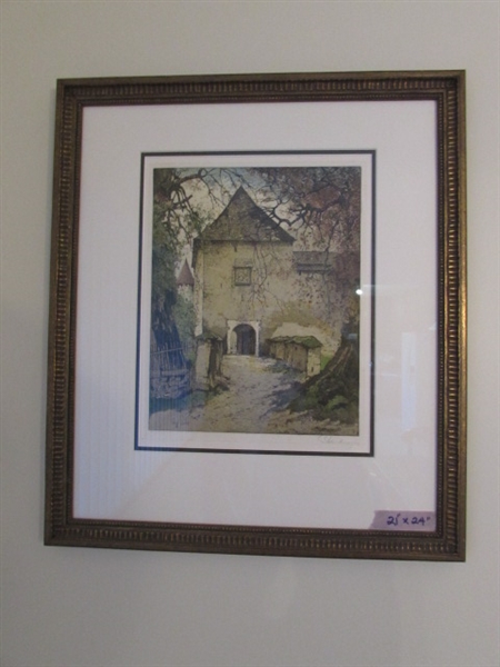 GOLD MOULDED FRAMED ETCHING BY JOSEF EIDENBERG: ENTRY TO FORTRESS IN FALL