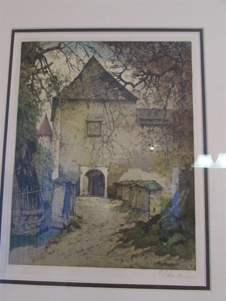 GOLD MOULDED FRAMED ETCHING BY JOSEF EIDENBERG: ENTRY TO FORTRESS IN FALL