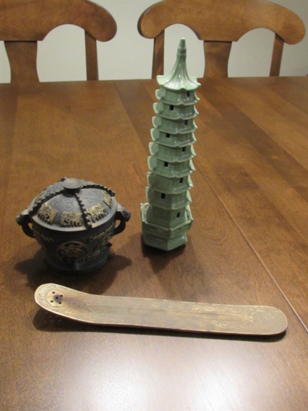 ASIAN INSPIRED: 9 CERAMIC TIERED PAGODA/FIGURINE, BRASS INCENSE HOLDER, AND DECORATIVE LOOSE LEAF CONTAINER WITH LID