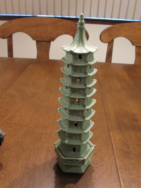 ASIAN INSPIRED: 9 CERAMIC TIERED PAGODA/FIGURINE, BRASS INCENSE HOLDER, AND DECORATIVE LOOSE LEAF CONTAINER WITH LID