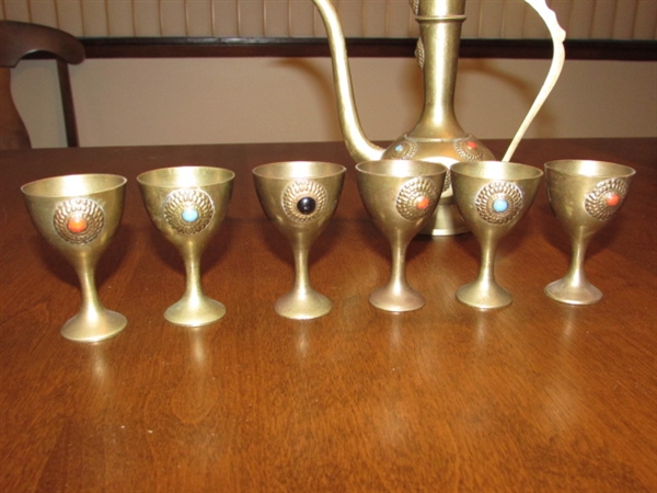 VINTAGE ORNATE BRASS AND GEM INLAID LIQUOR SET/TEA SET/COFFEE SET INCLUDES DECANTER, SIX MINIATURE GOBLETS, AND MATCHING TRAY