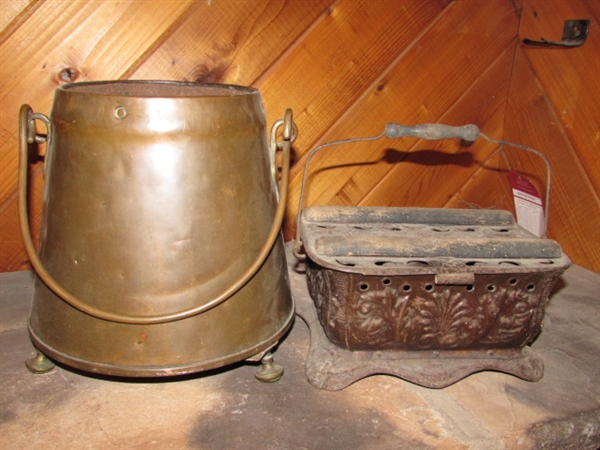 ANTIQUE BRASS CALDRON & ANTIQUE FOOT WARMER