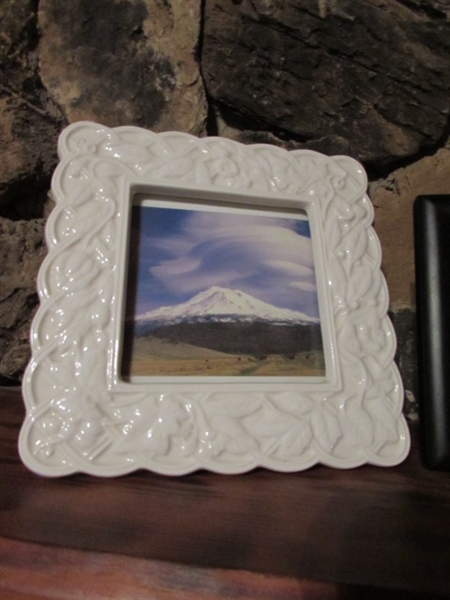 EDWIN KNOWLES SEMI VITREOUS FARMHOUSE ANTIQUE PITCHER, TWO FRAMED MT SHASTA PICTURES, & ENGRAVED VOTIVE CANDLE HOLDER