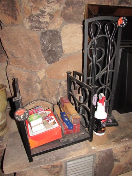 FOR THE FIREPLACE: INDOOR WOOD RACK, FIREPLACE TOOLS, FIRESTARTERS, GLOVES, ETC
