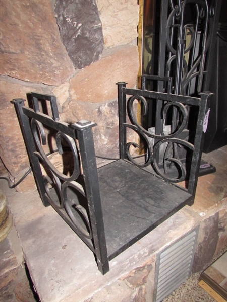 FOR THE FIREPLACE: INDOOR WOOD RACK, FIREPLACE TOOLS, FIRESTARTERS, GLOVES, ETC