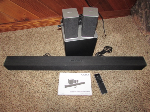 VIZIO SOUND BAR, SUBWOOFER, AND SPEAKERS. MODEL SB3851-C0