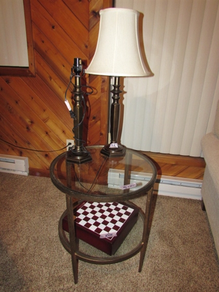 GLASS & METAL ROUND SIDE TABLE WITH SHELF, LAMPS & PREMIUM WOOD CABINET 10 GAME SET