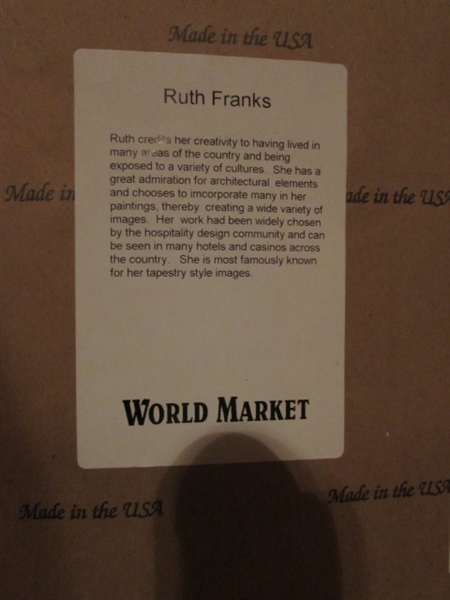 RUTH FRANKS ARTWORK IN GOLD AND BLACK ANTIQUED FRAMES.