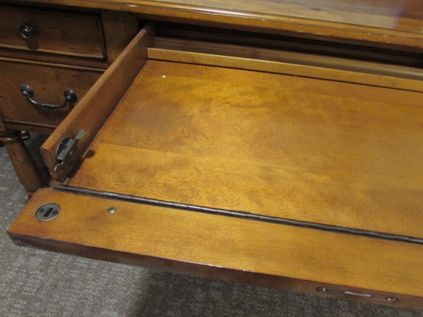 HEKMAN WOOD CRAFTWORK WRITING DESK WITH LEATHER TOP PANELS