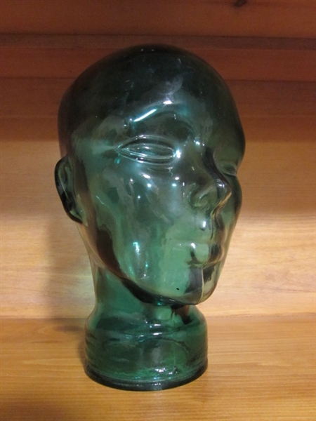 VINTAGE GREEN GLASS FEMALE MANNEQUIN (LIFE-SIZE) HEAD