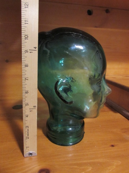 VINTAGE GREEN GLASS FEMALE MANNEQUIN (LIFE-SIZE) HEAD