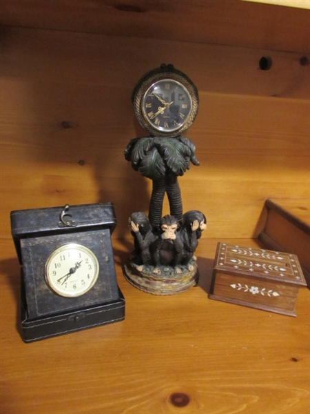 SECRET WOODEN BOX, CLOCK IN LEATHER BOX, SEE NO EVIL, SPEAK NO EVIL, HEAR NO EVIL QUARTZ DESK CLOCK