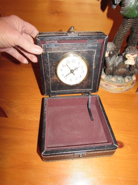 SECRET WOODEN BOX, CLOCK IN LEATHER BOX, SEE NO EVIL, SPEAK NO EVIL, HEAR NO EVIL QUARTZ DESK CLOCK