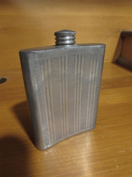 COMOY'S OF LONDON ETCHED PEWTER VINTAGE HIP FLASK, BORGHINI WOMAN CERAMIC DESSERT WINE FROM 1960s, LITTLE WHIZZER LIQUOR DISPENSER