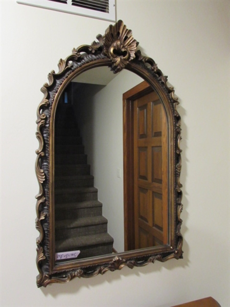 ORNATE ARCH-SHAPED WALL MIRROR WITH BRONZE ANTIQUE LOOKING FINISH