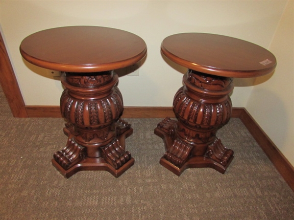 PAIR OF BEAUTIFULLY CARVED WOOD PEDESTAL END/ACCENT TABLES