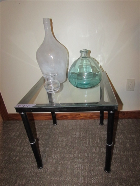 LOW SQUARE GLASS TOP TABLE AND DECOR VASES