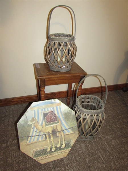 VINTAGE HAT BOX, SMALL WOOD TABLE, AND 2 RATTAN CANDLE LANTERNS