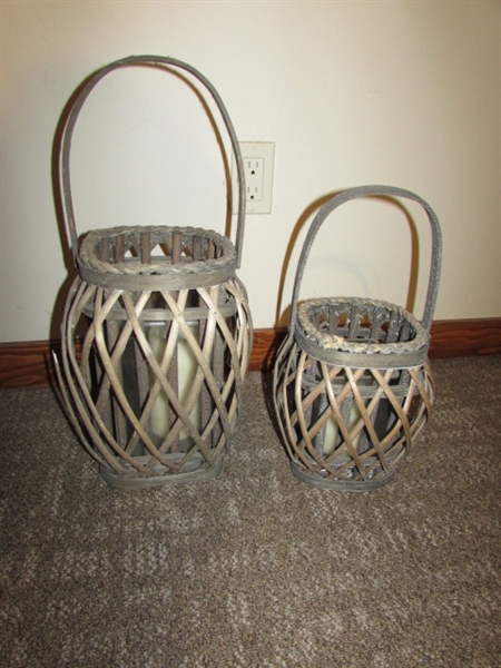 VINTAGE HAT BOX, SMALL WOOD TABLE, AND 2 RATTAN CANDLE LANTERNS