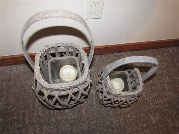 VINTAGE HAT BOX, SMALL WOOD TABLE, AND 2 RATTAN CANDLE LANTERNS