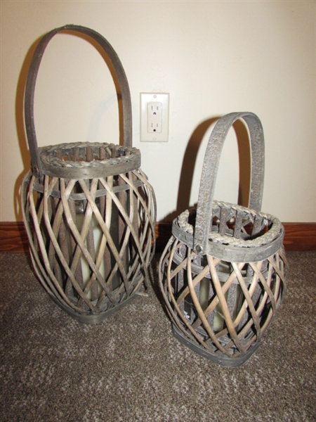 VINTAGE HAT BOX, SMALL WOOD TABLE, AND 2 RATTAN CANDLE LANTERNS