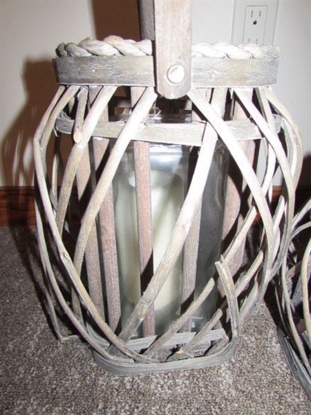 VINTAGE HAT BOX, SMALL WOOD TABLE, AND 2 RATTAN CANDLE LANTERNS