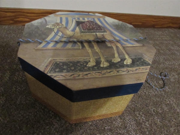 VINTAGE HAT BOX, SMALL WOOD TABLE, AND 2 RATTAN CANDLE LANTERNS