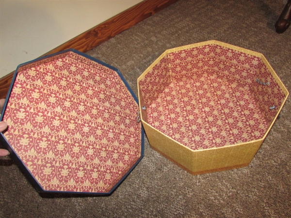 VINTAGE HAT BOX, SMALL WOOD TABLE, AND 2 RATTAN CANDLE LANTERNS