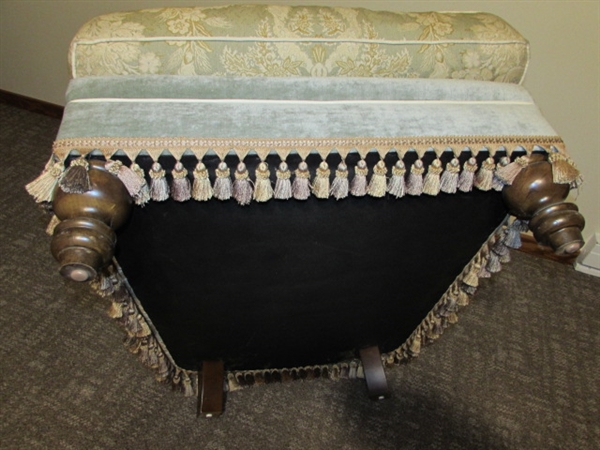 BEAUTIFULLY CRAFTED AND UPHOLSTERED OVERSIZED VELOUR, BUTTON-TUFTED, ROLLED ARM AND TASSEL SKIRTED LIBRARY ARMCHAIR (MATCHES LOT 215)