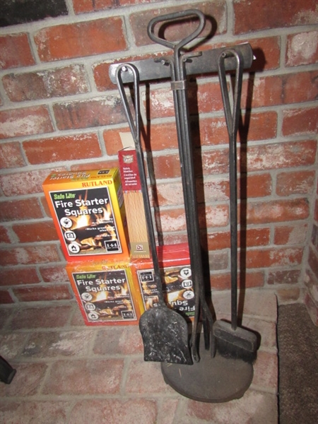 FIREPLACE TOOLS ON TOOL RACK AND RUTLAND FIRE STARTER SQUARES