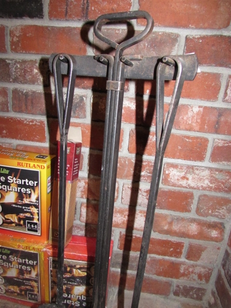 FIREPLACE TOOLS ON TOOL RACK AND RUTLAND FIRE STARTER SQUARES