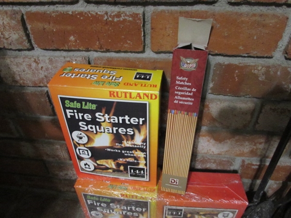 FIREPLACE TOOLS ON TOOL RACK AND RUTLAND FIRE STARTER SQUARES