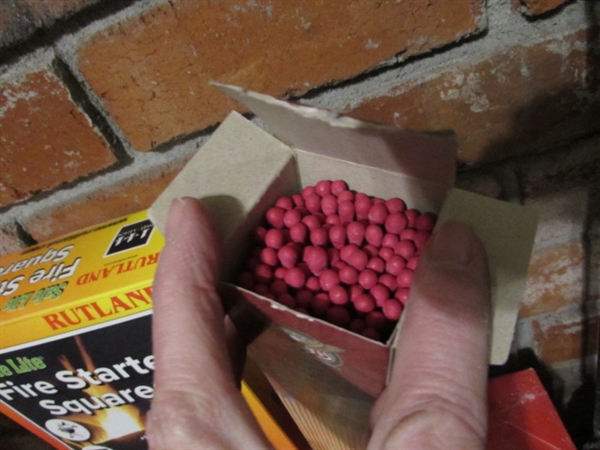 FIREPLACE TOOLS ON TOOL RACK AND RUTLAND FIRE STARTER SQUARES