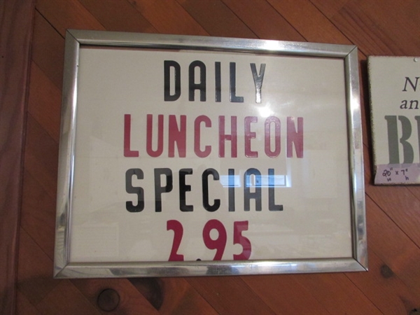 FRAMED LUNCH, & 2 METAL VEGGIE SIGNS