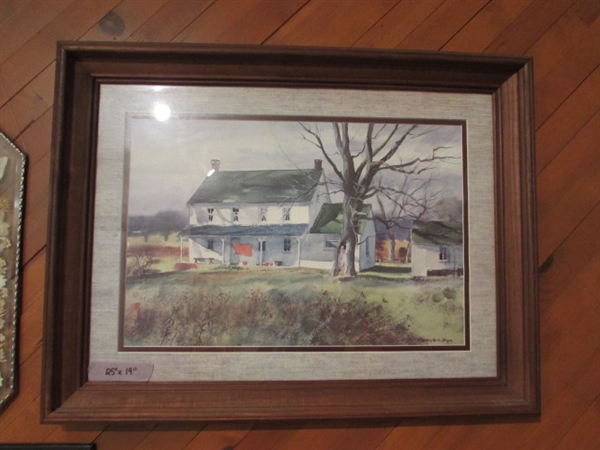 WATERCOLOR RANCH HOUSE ART - FRAMED & MATTED UNDER GLASS