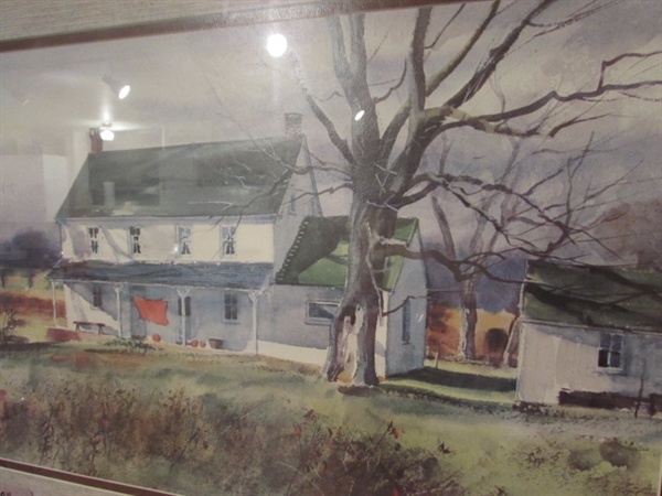 WATERCOLOR RANCH HOUSE ART - FRAMED & MATTED UNDER GLASS