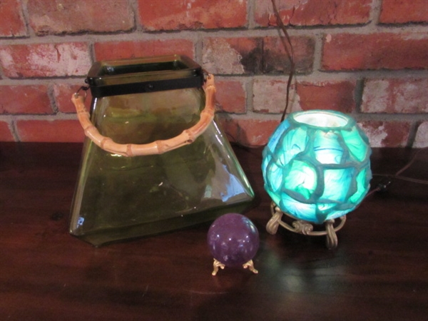 GREEN GLASS CANDLE HOLDER, MOSAIC LIGHT & AMETHYST CRYSTAL BALL