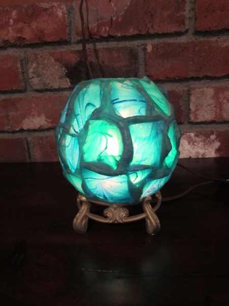 GREEN GLASS CANDLE HOLDER, MOSAIC LIGHT & AMETHYST CRYSTAL BALL