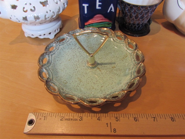 TEA POT, CUP, BAG HOLDER & VINTAGE CANDY DISH