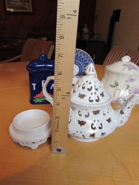 TEA POT, CUP, BAG HOLDER & VINTAGE CANDY DISH