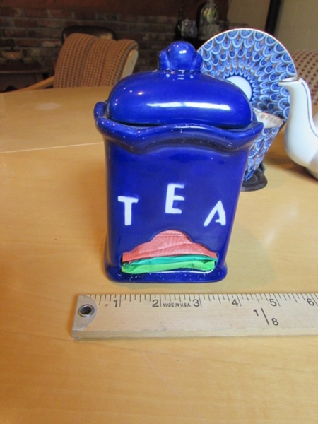 TEA POT, CUP, BAG HOLDER & VINTAGE CANDY DISH