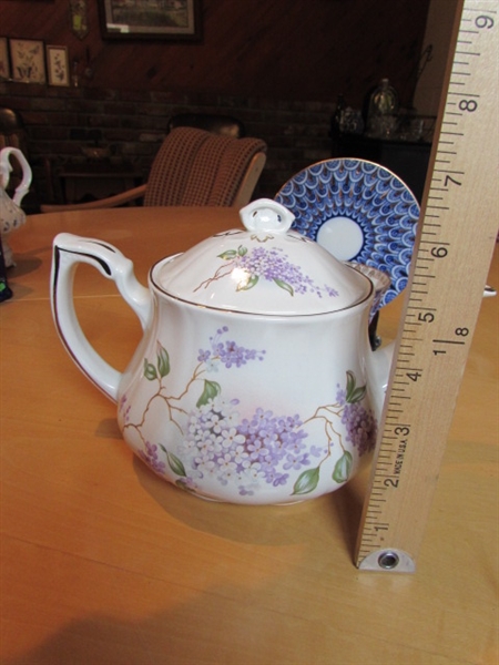 TEA POT, CUP, BAG HOLDER & VINTAGE CANDY DISH