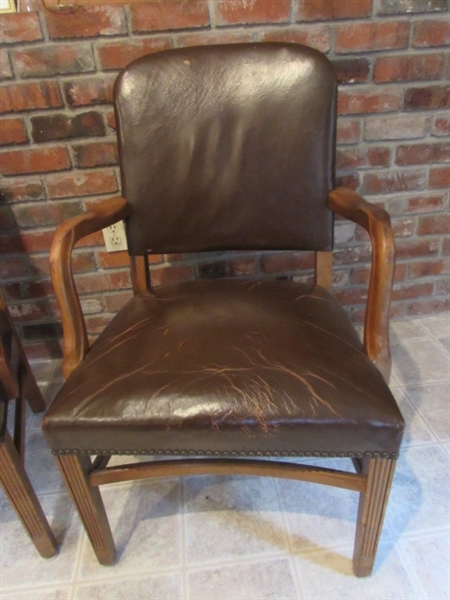 2 VINTAGE LEATHER/WALNUT ARMY ARM CHAIRS WITH THROW PILLOWS