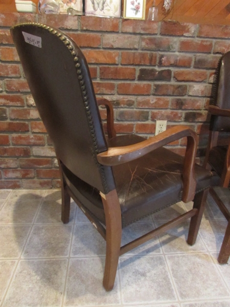 2 VINTAGE LEATHER/WALNUT ARMY ARM CHAIRS WITH THROW PILLOWS