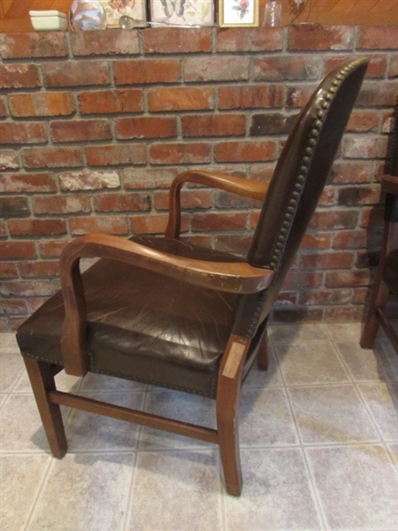 2 VINTAGE LEATHER/WALNUT ARMY ARM CHAIRS WITH THROW PILLOWS