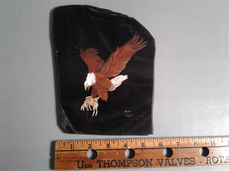 Eagle Catching Prey Hand Painted on Obsidian by Paula O. Murphy