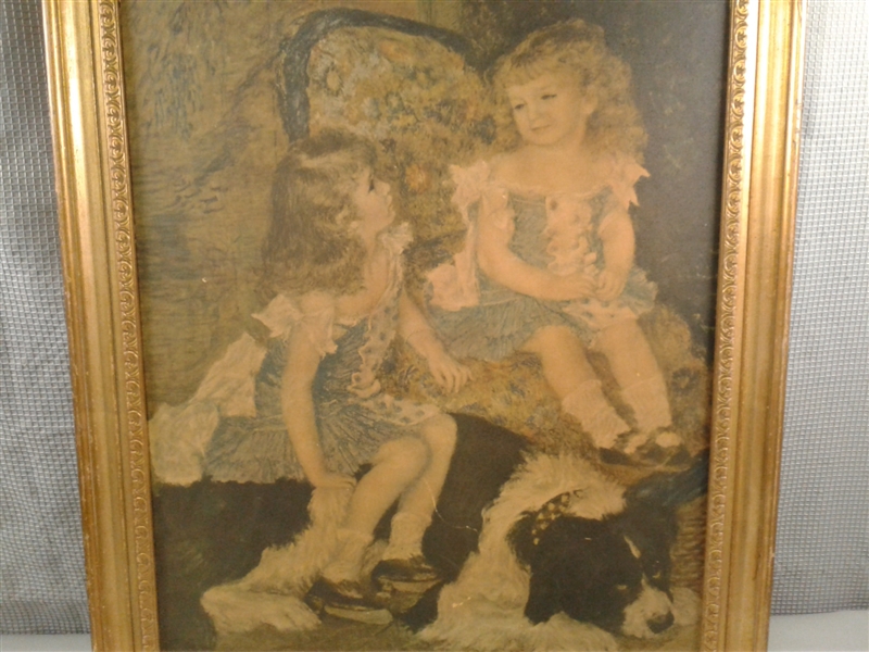Vintage Framed Picture of 2 Little Girls and a Border Collie 21 3/4 x 25 1/2