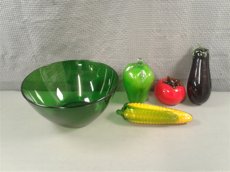 Arcoroc Green Glass Bowl and Blown Glass Vegetables
