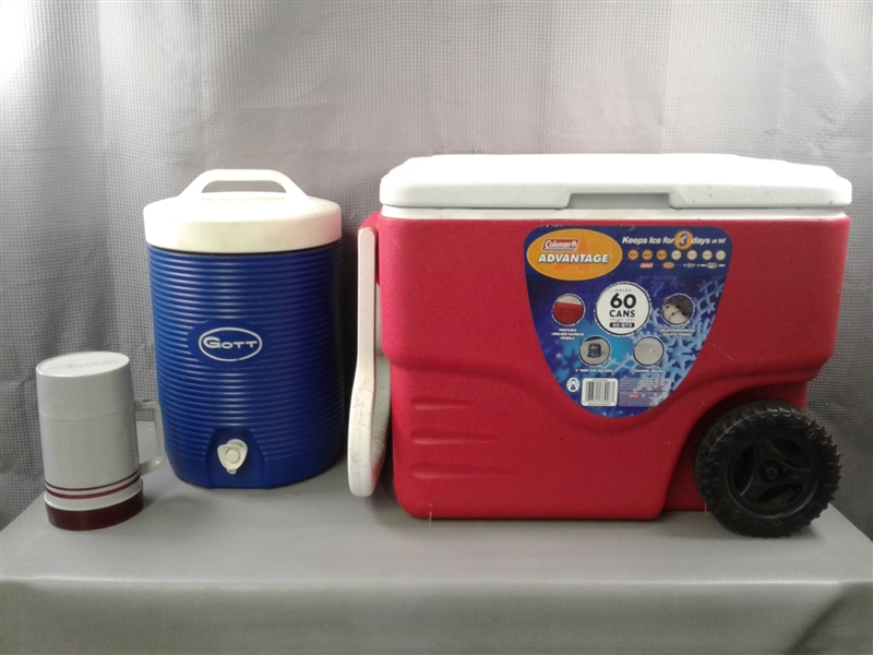 Coleman Cooler, Gott Water Cooler, and Alddin Thermos 