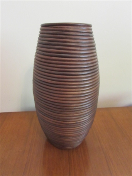 BAMBOO TALL VASE AND LARGE DECORATIVE GLASS PAINTED BOWL